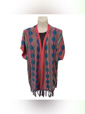 Say What? NY Coral, Teal & Purple Fringe Knit Open Vest Size M